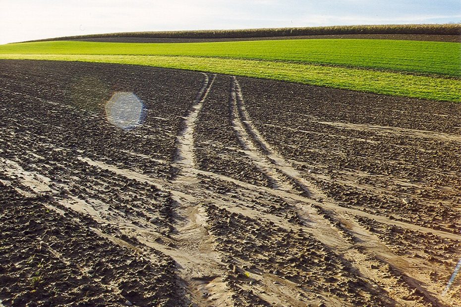 photo of soil in a farm field with no crops in it. Tracks of a vehicle are visible driving across it