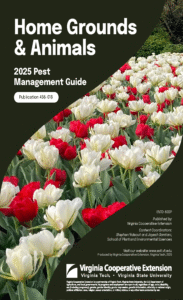 Front page of the Virginia Cooperative Extension's Pest Management Guide. Against a dark green background, a field of white and red flowers extends from bottom left to top right.